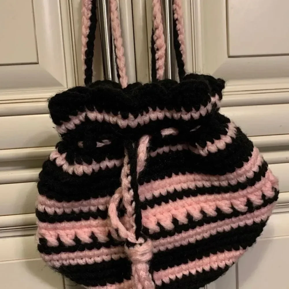 Crochet Knit Backpack Drawstring Handbag Purse Bag / Small Black Ruck Sack